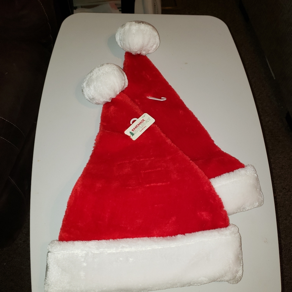 2 PLUSH santa hats fur adult size